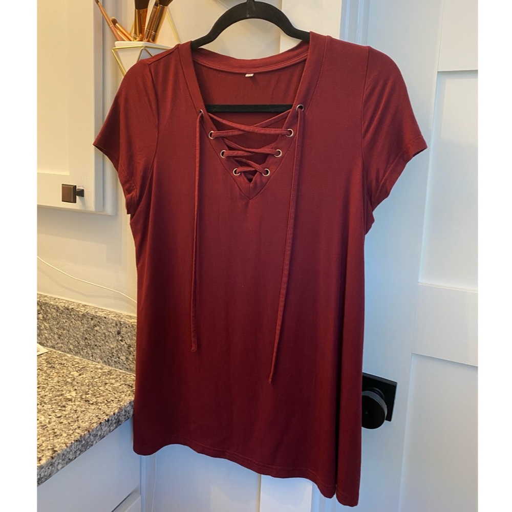 Burgundy Lace Up Front Top
